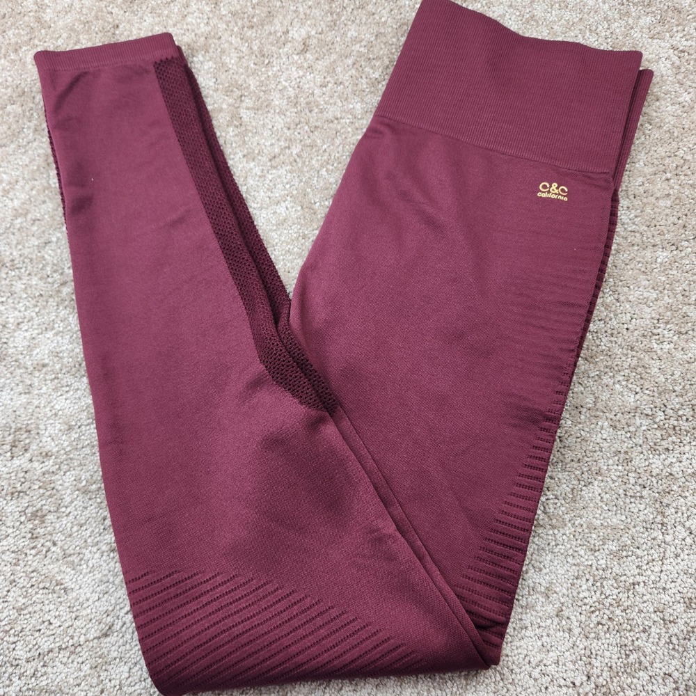 C&C California Women Burgundy Seamless Mesh High Waisted Leggings Large RN63619